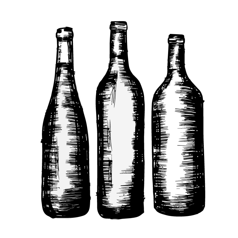 Charcoal sketch of three Resistance wine bottles